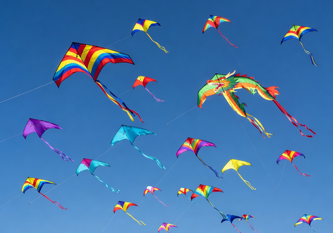 Several colorful kites flying high in a clear blue sky
